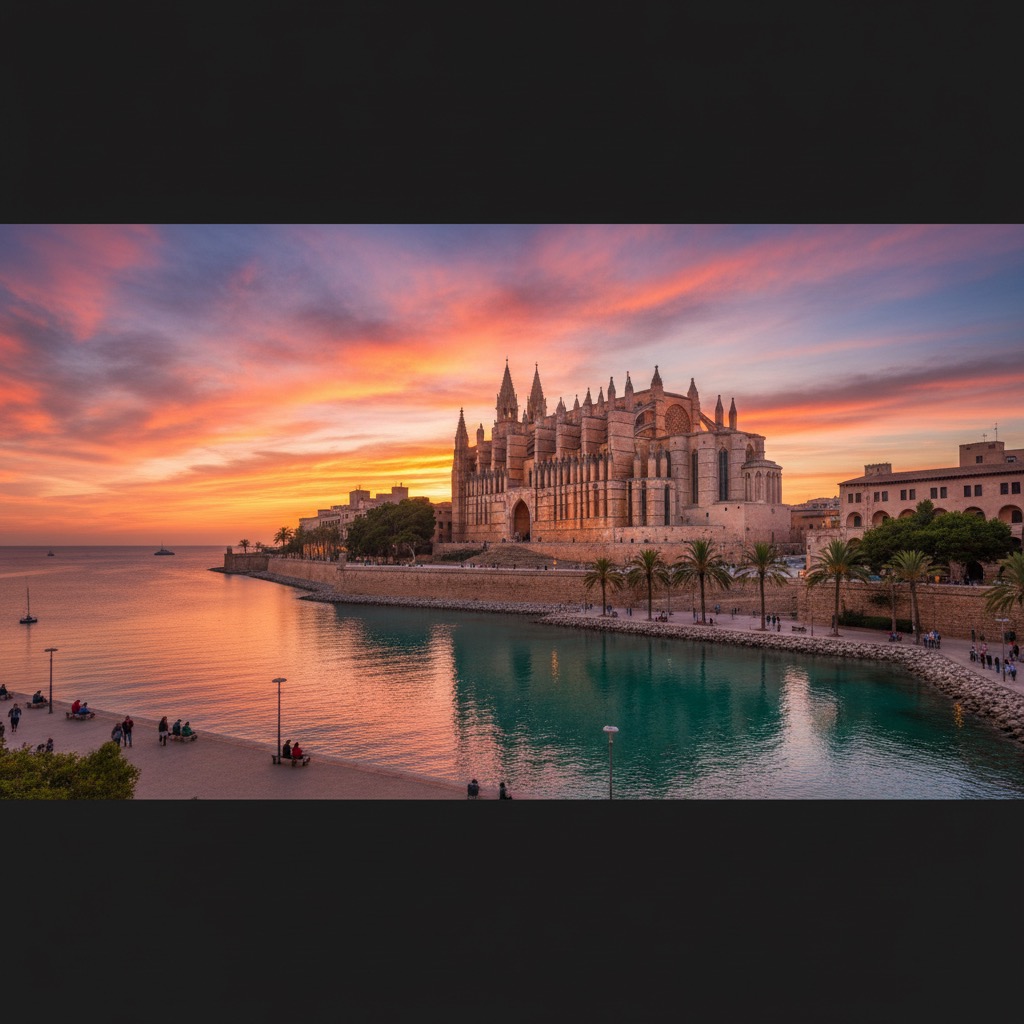 atardecer en la catedral de Palma de Mallorca